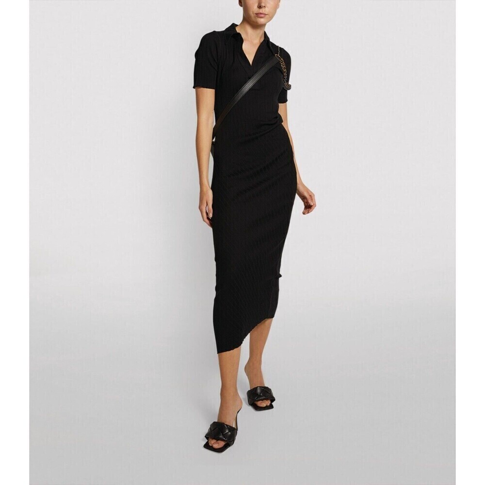 $256 Helmut Lang Women's Black Retro Ribbed V-Neck Polo Bodycon Dress Size XS